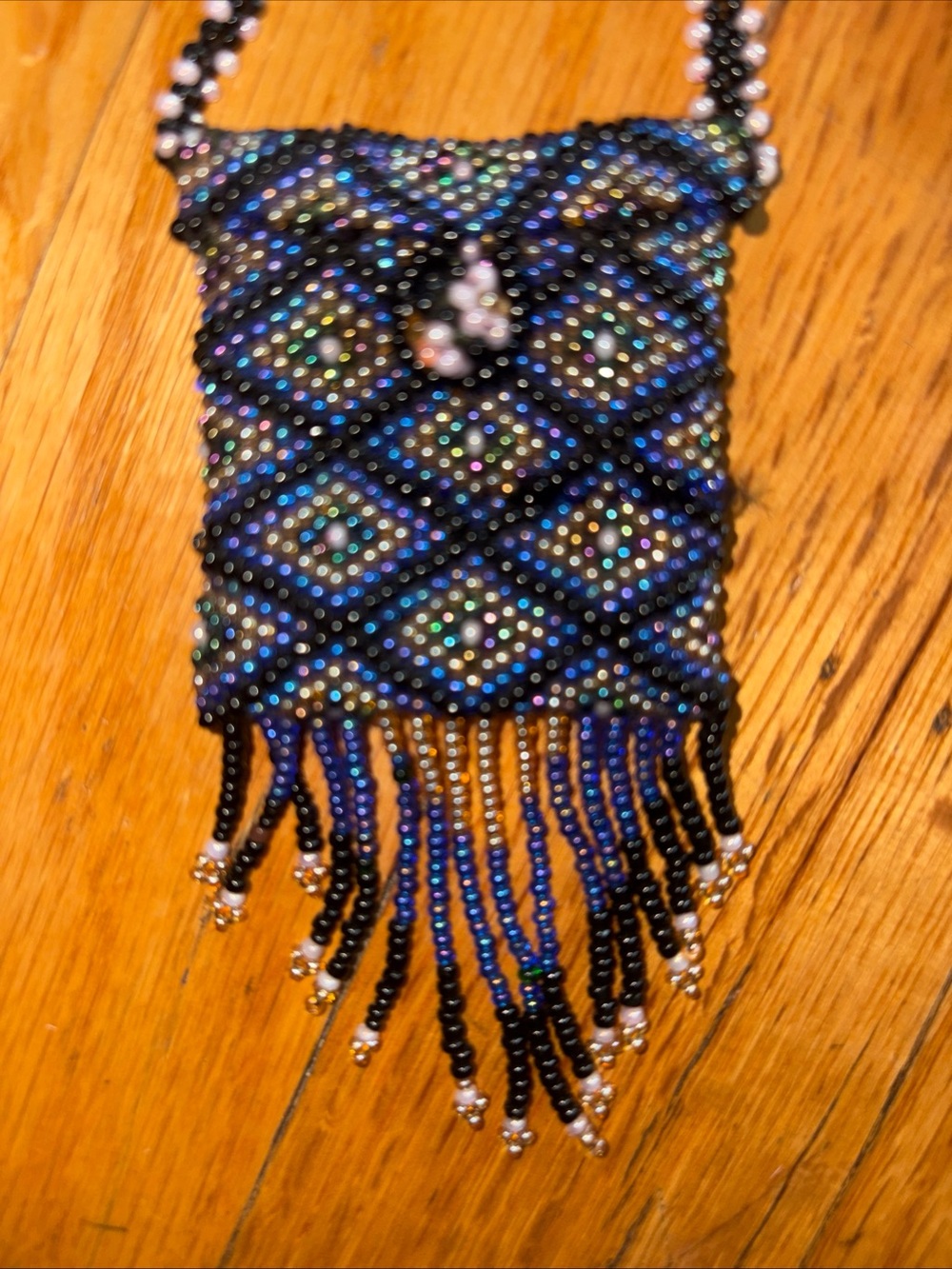 Handmade Beaded Fringe Crossbody Pouch - Navy & Black